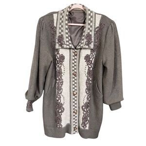 Vintage 80s Grey & White Appliquéd Embellished Angora Blend Sweater Coat